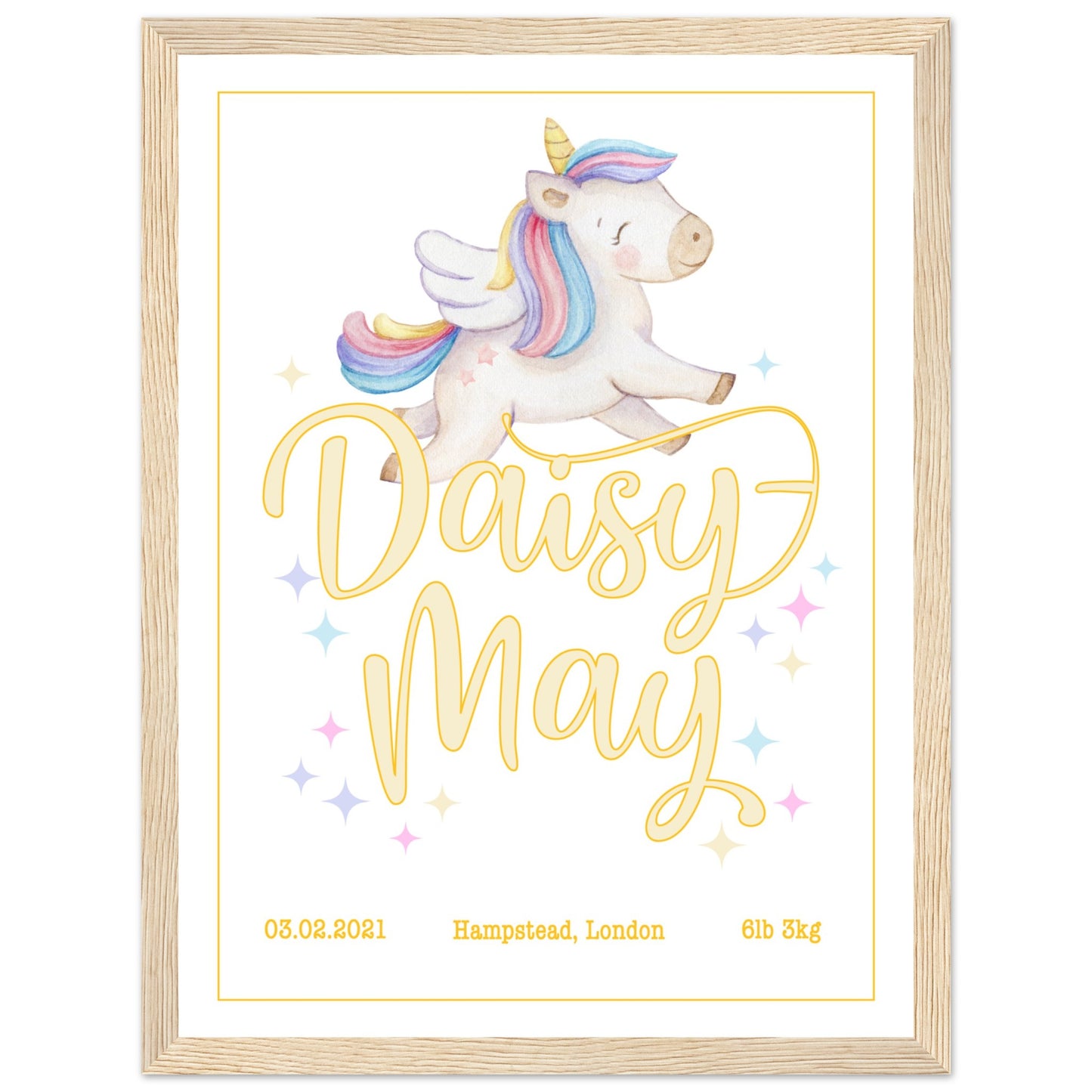 Custom Baby Name, DOB, Birth weight, Birth place Girls's Nursery Print (framed) Unicorn