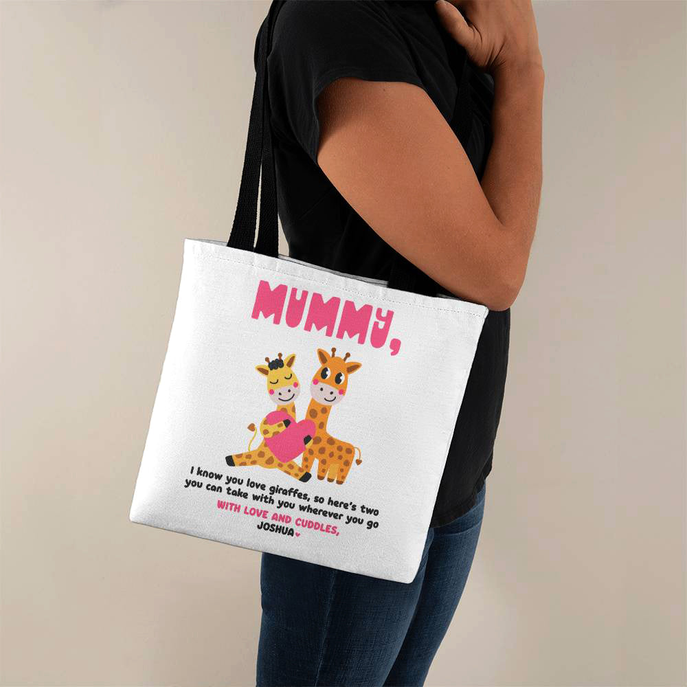 Mummy loves Giraffes, Super Cute Personalised Name Tote Bag from Baby to Mum, Mum Birthday Mother's Day Gift