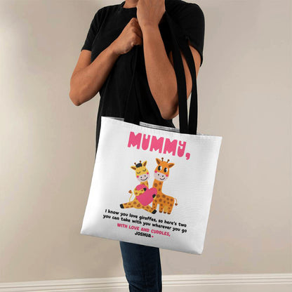 Mummy loves Giraffes, Super Cute Personalised Name Tote Bag from Baby to Mum, Mum Birthday Mother's Day Gift