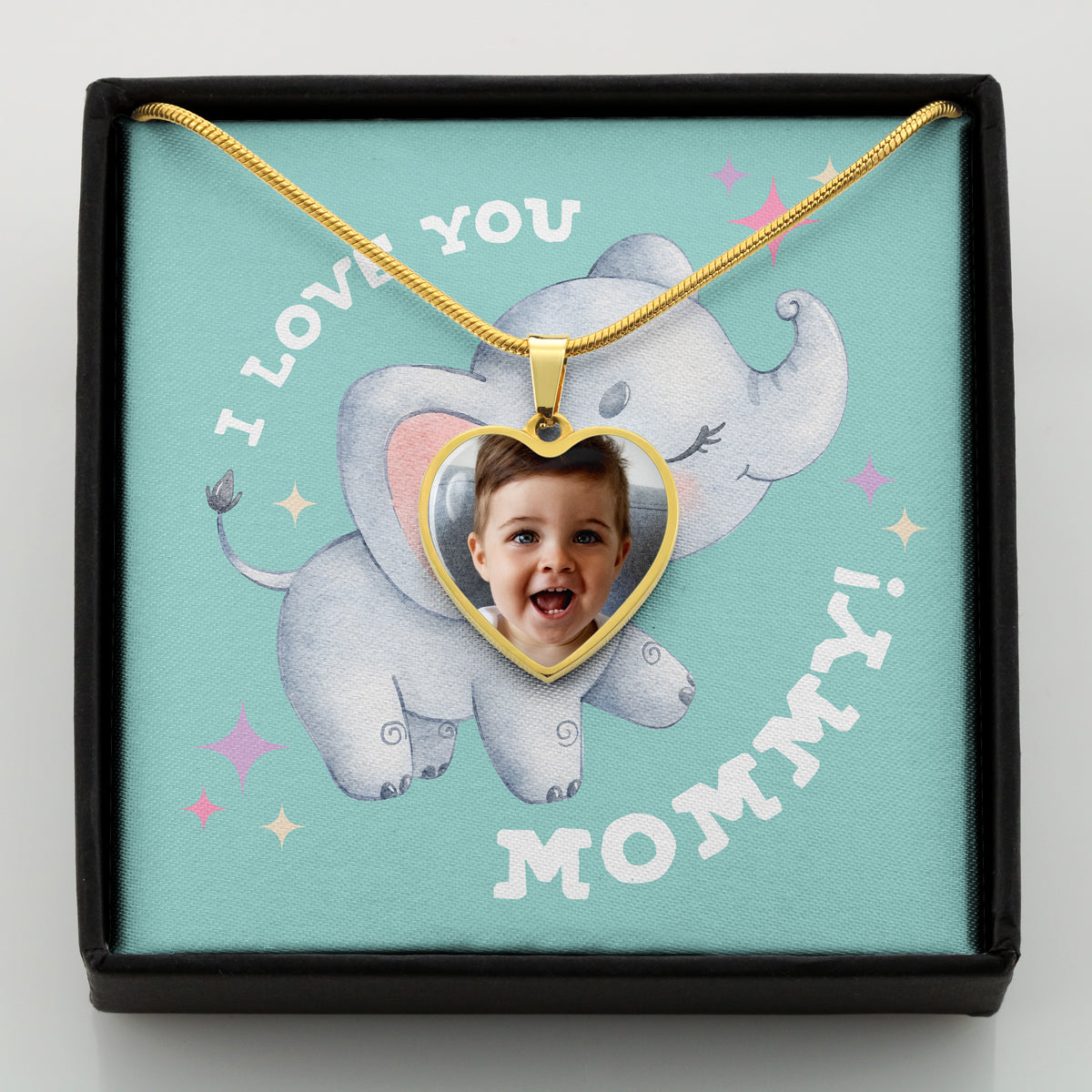 I Love You Mommy! Cute Elephant Personalized Photo Necklace (with box)