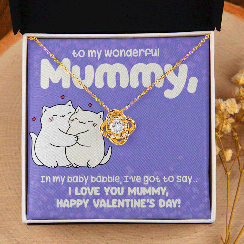 Valentine's Day Love Knot Necklace Gift for mummy, From Baby, with Cute Cat Message Card, Mother and Child love, New Baby Bond