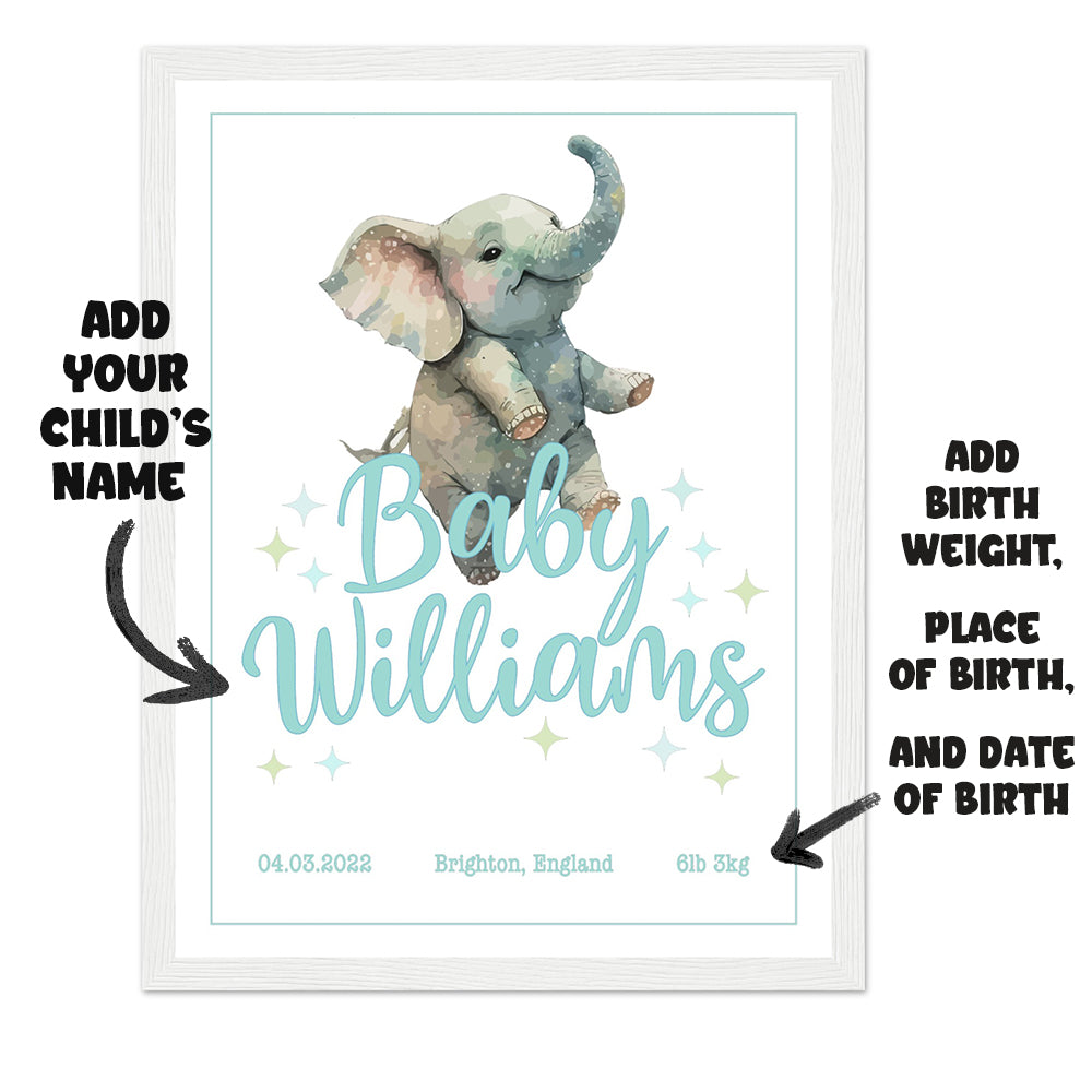 Custom Baby Name, DOB, Birth weight, Birth place Boy's Nursery Print (framed)