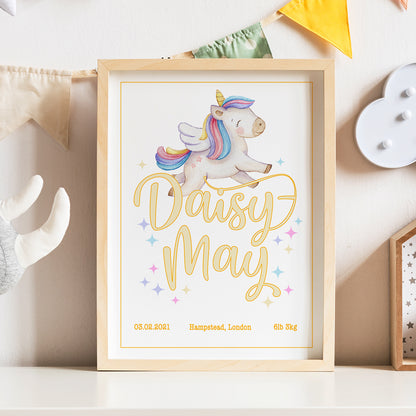 Custom Baby Name, DOB, Birth weight, Birth place Girls's Nursery Print (framed) Unicorn